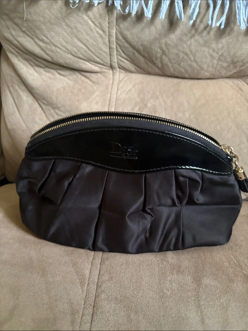 Dior Brown Quilted Pleated Cosmetic Pouch with Gold Hardware